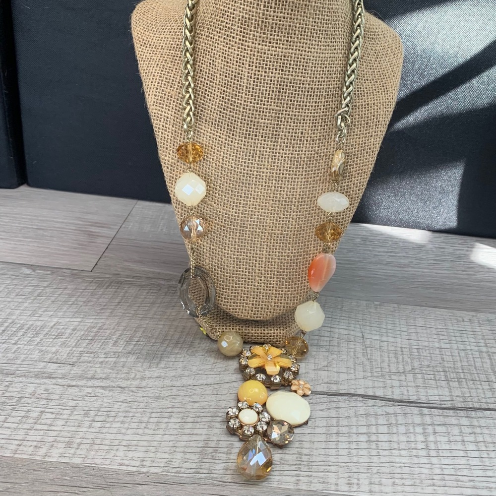 Vintage Style Amber Cream Rhinestone Floral Statement Necklace Gold Tone 24in